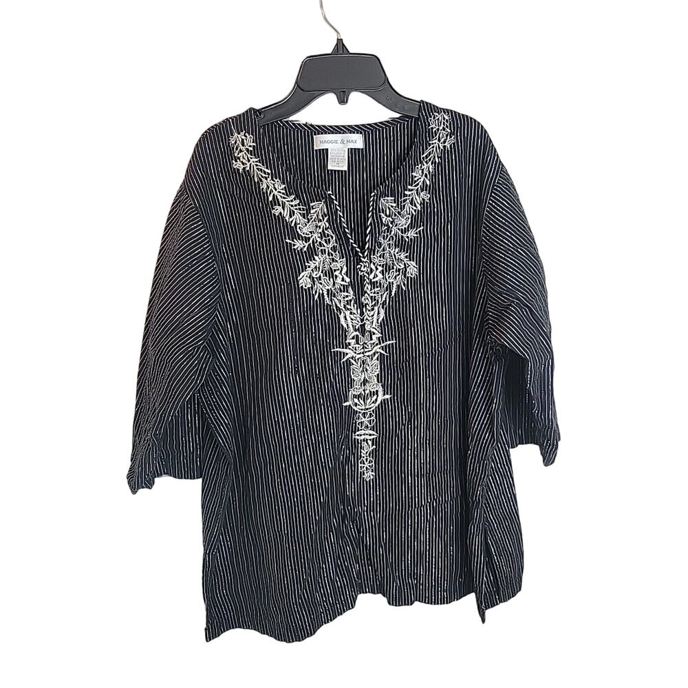 Maggie & Max‎ Top BOHO Black Embroidered Striped Metallic 3/4 Sleeve Women's 1X